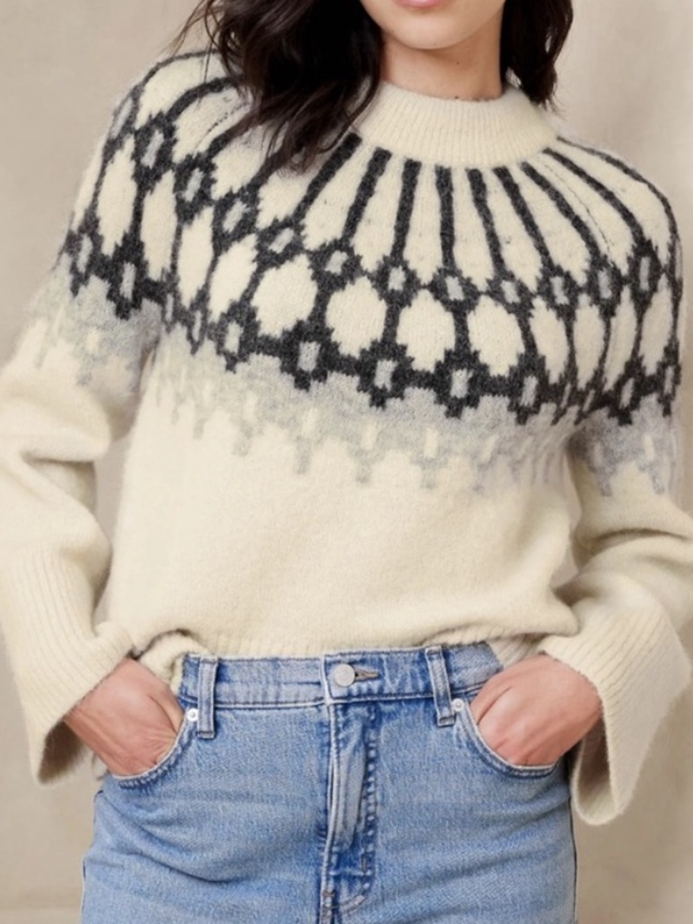 Banana Republic Cream Crewneck Sweater with Charcoal Fair Isle Yoke
